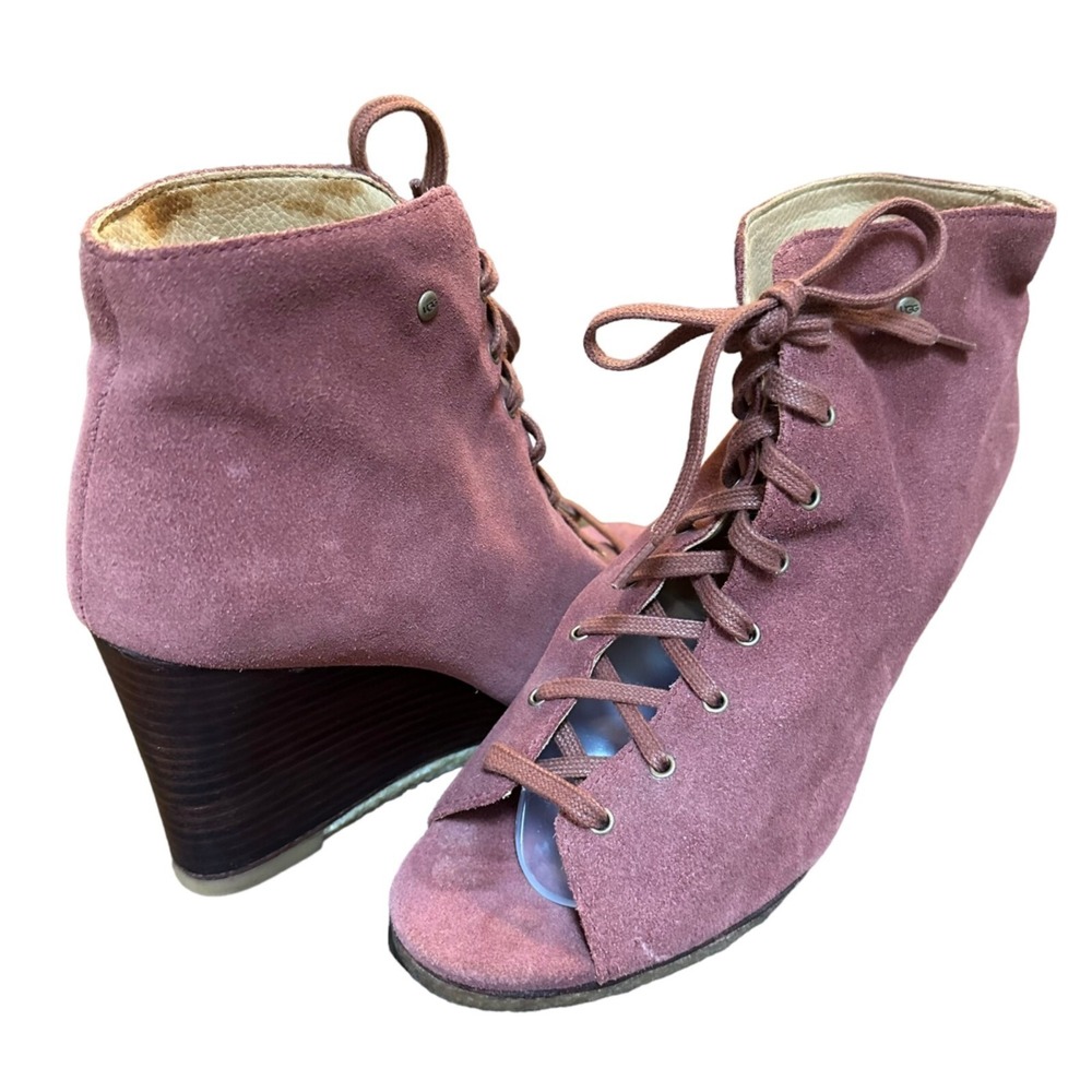 UGG Wedge Booties‎ Women 8 Pink Lucianna Peep Toe Lace Up Suede Boho Chic